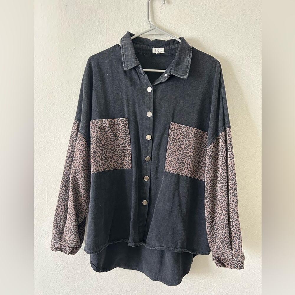 Black and Leopard Print Button-Up Shirt